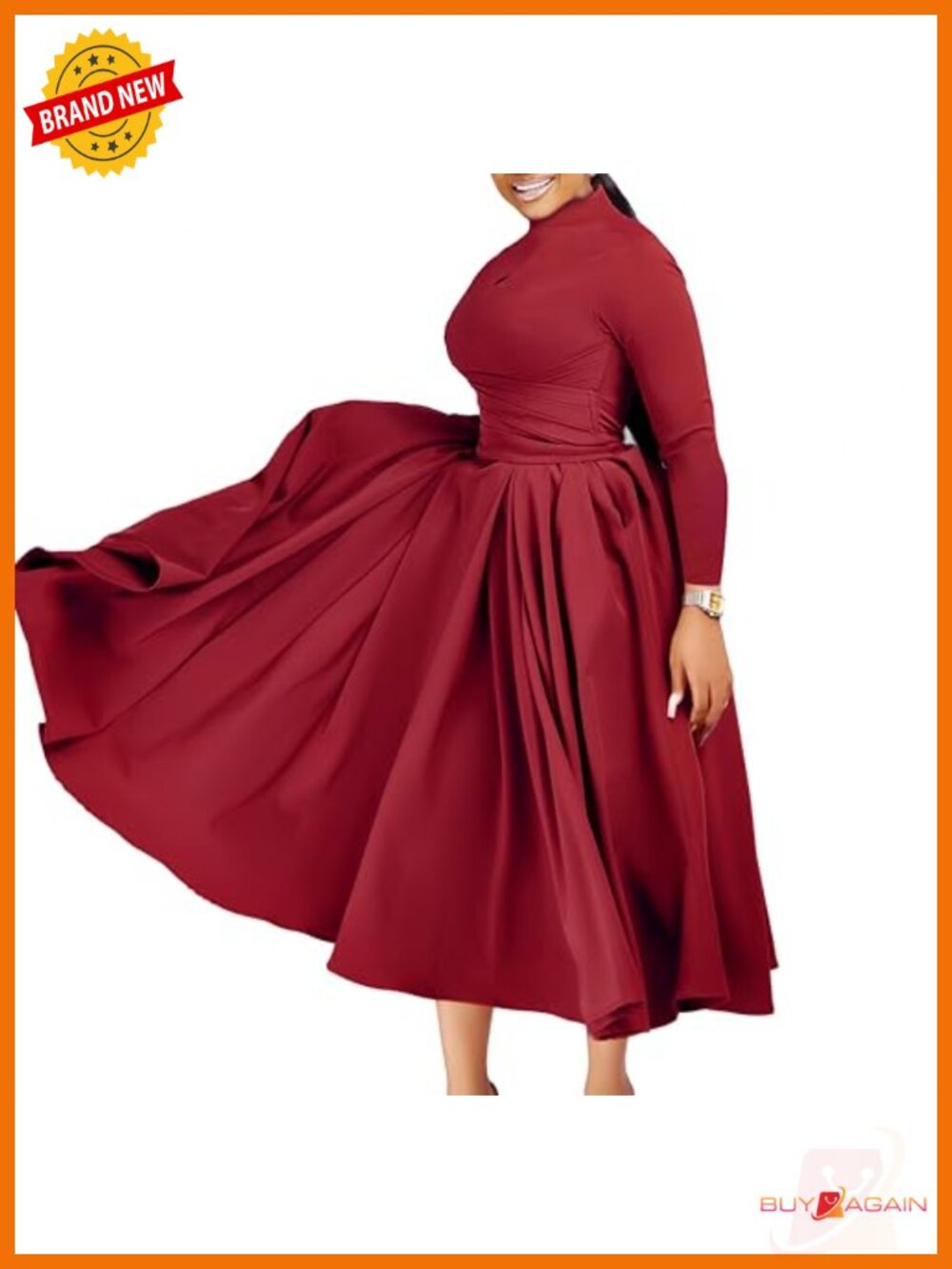 Long Sleeve Maxi Dress Pleated A-Line High Neck Backless Zipper Casual